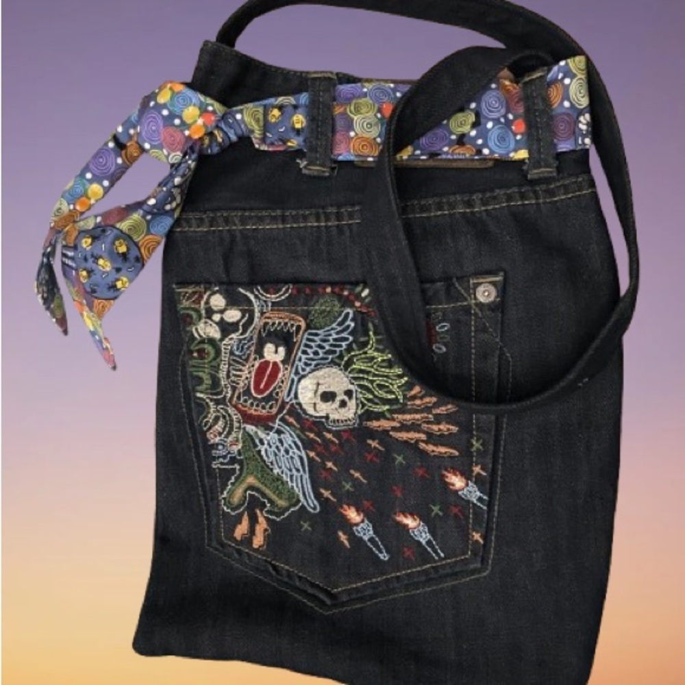 Embroidered Denim Shoulder bag with Colorful Scarf - Picture 9 of 9